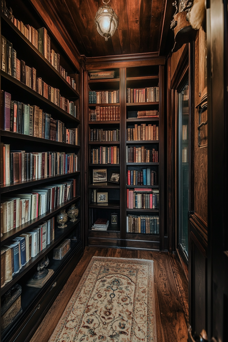 Dark academia tiny house library. Tall mahogany bookshelves crammed with vintage, weathered books.