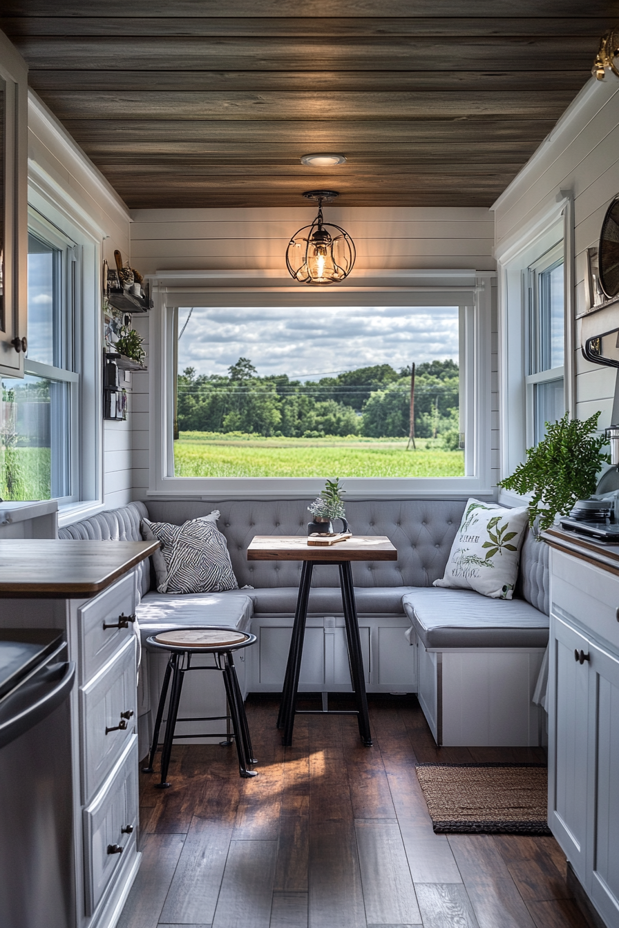 Classic Americana tiny house kitchen. Ultrawide view, chrome fixtures, booth-style seating.