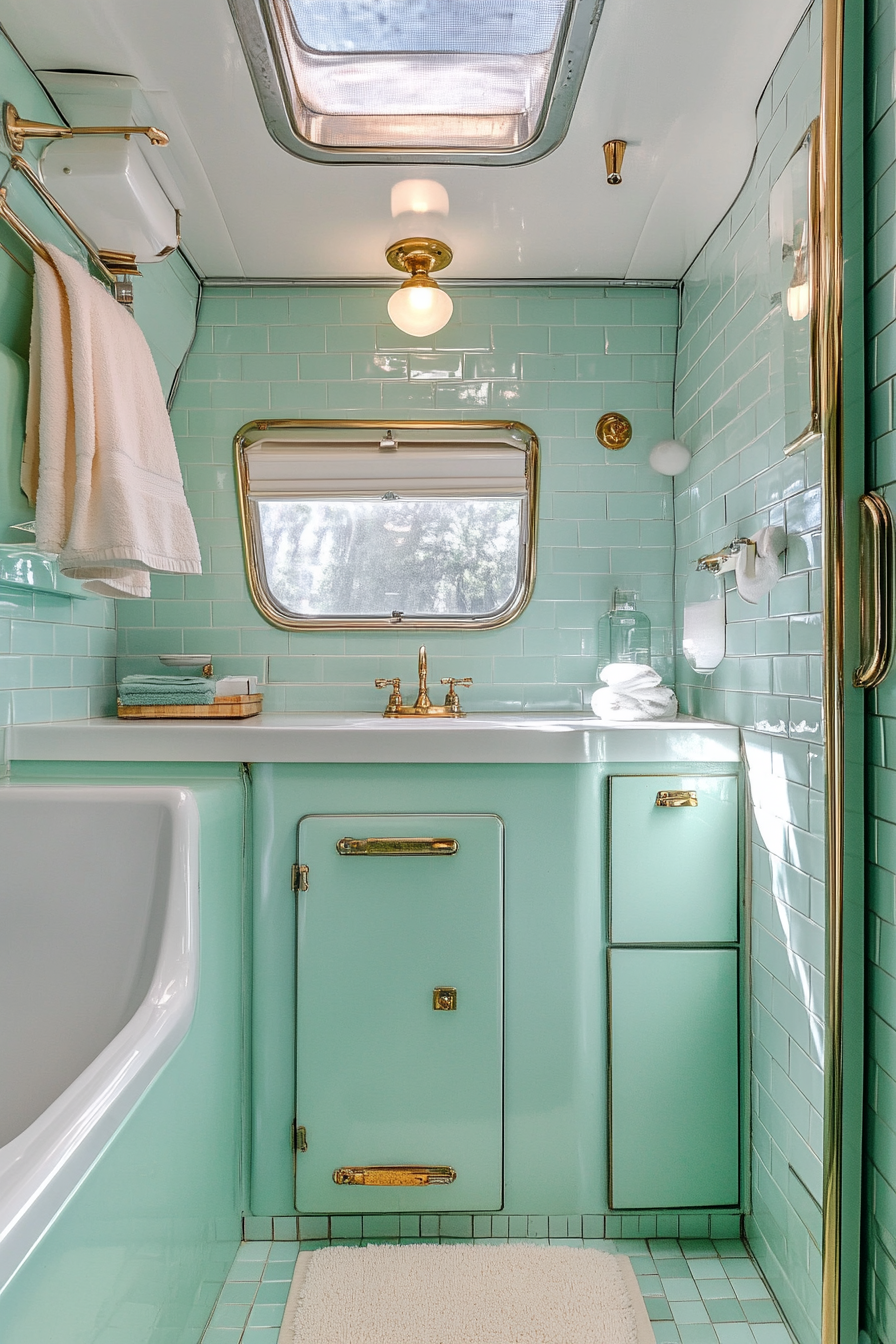 Wide angle view of 1950s RV bathroom. Pastel-colored subway tile and polished brass fixtures.