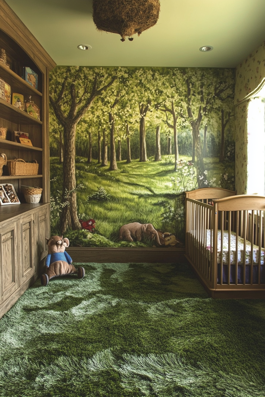 Nature-inspired baby room. Verde grass carpet, earthy tone low shelves, forest mural exploration zone.