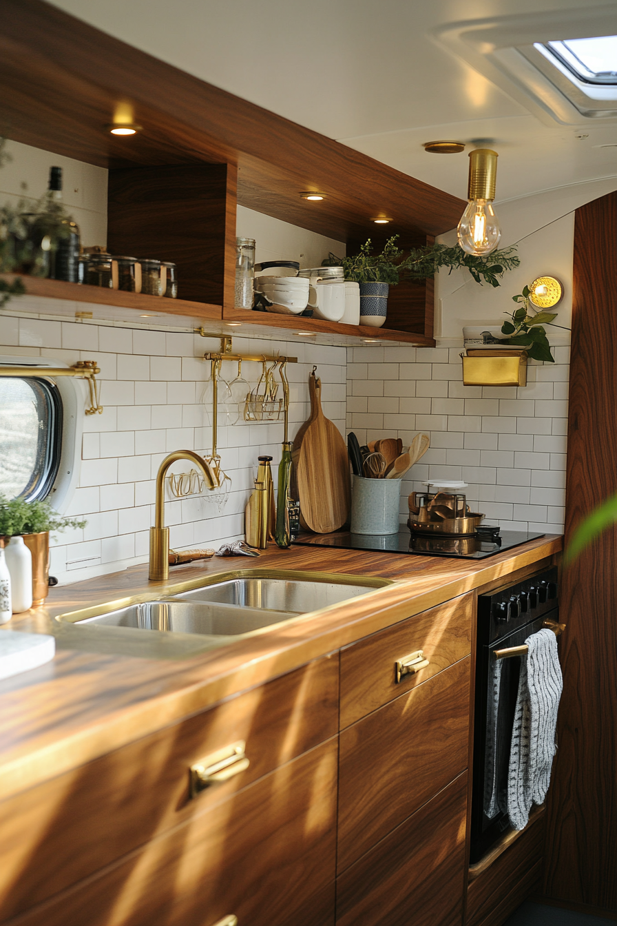 Wide angle camper kitchen. Teak cabinets with retro-inspired brass hardware.