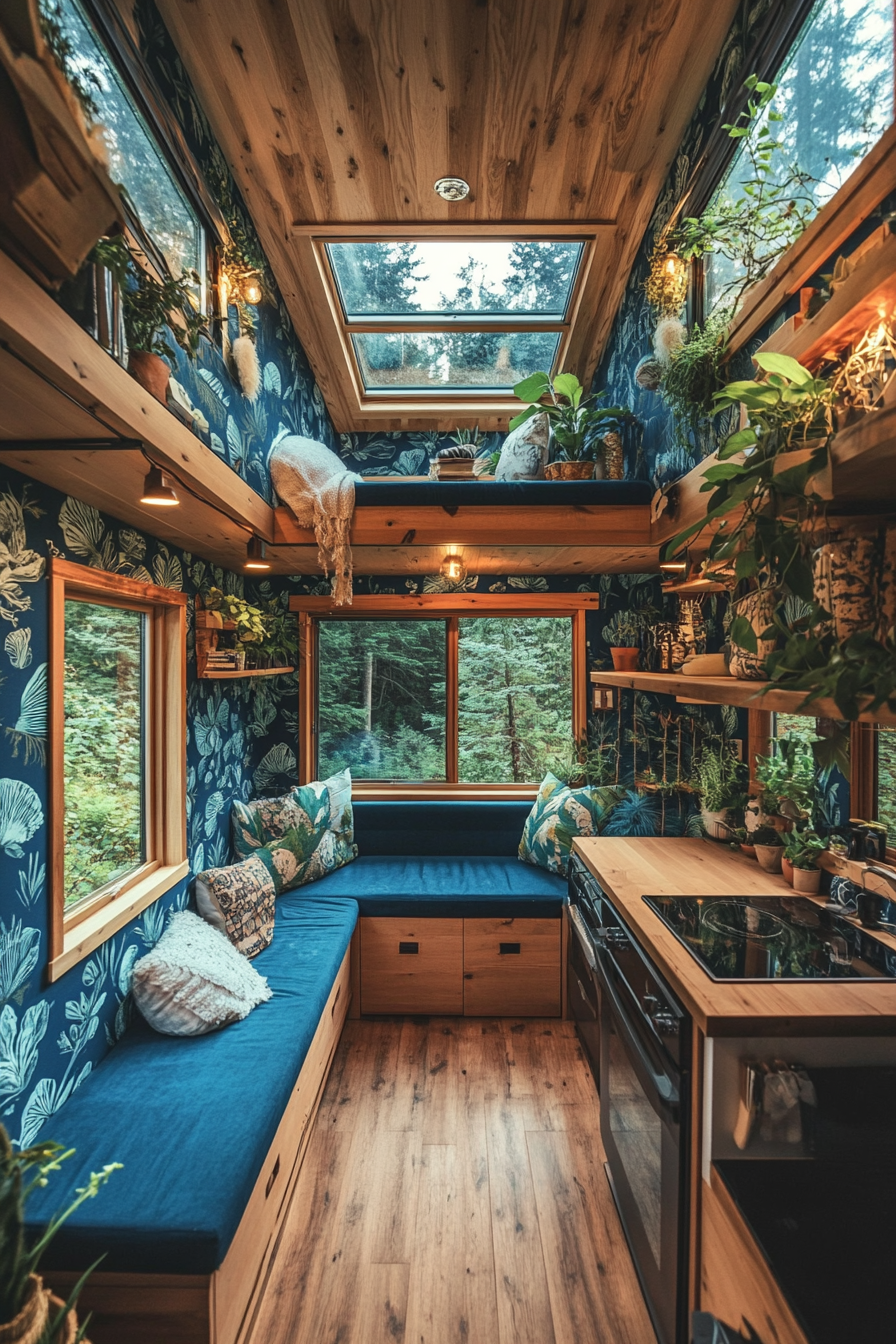 Wide angle view. Plant-filled tiny house with blue botanical wallpaper and greenhouse windows.