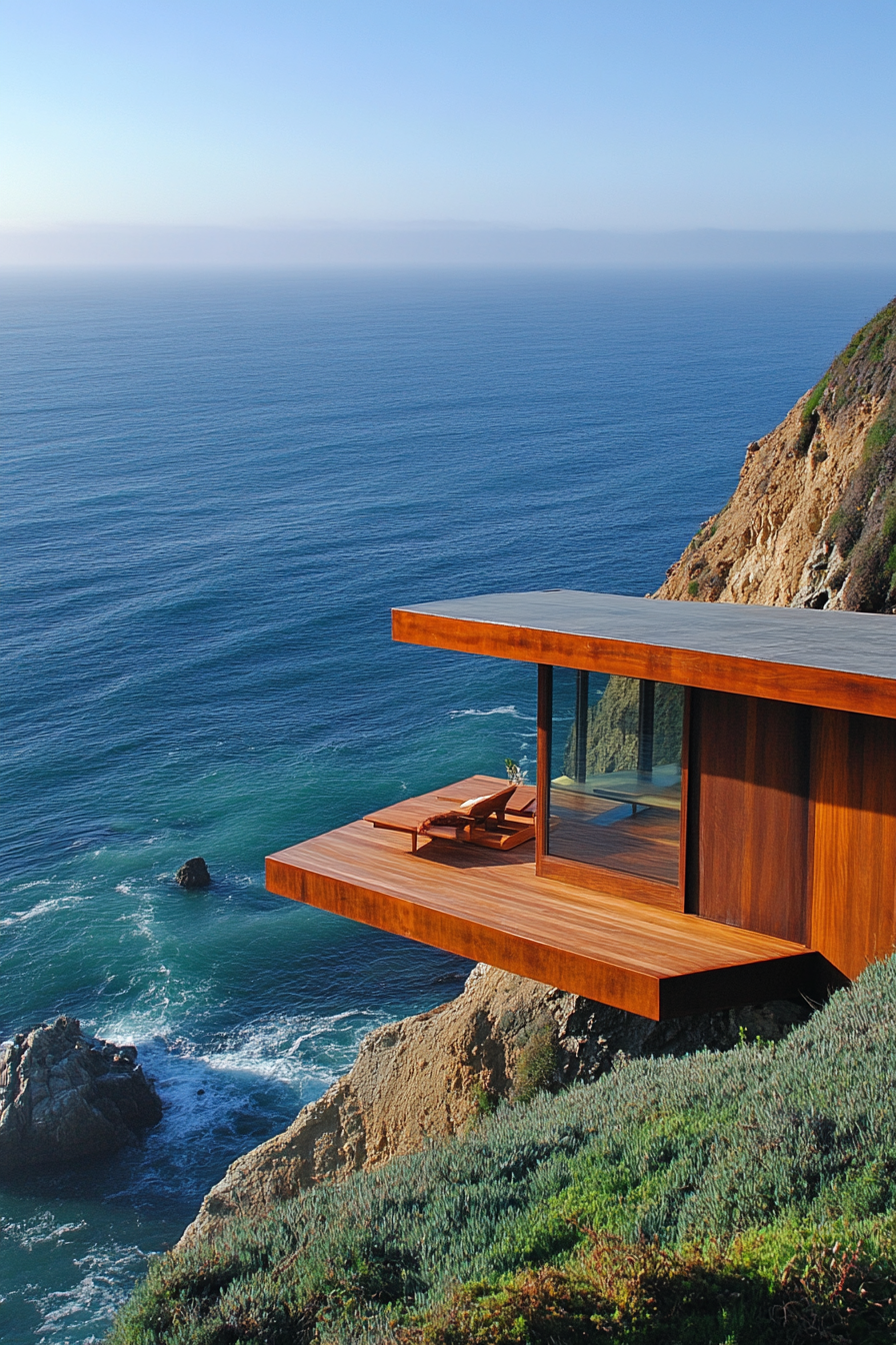 Wide angle view, sleek, cliff-top tiny home. Rosewood platform bench, 360-degree sweeping ocean panorama.