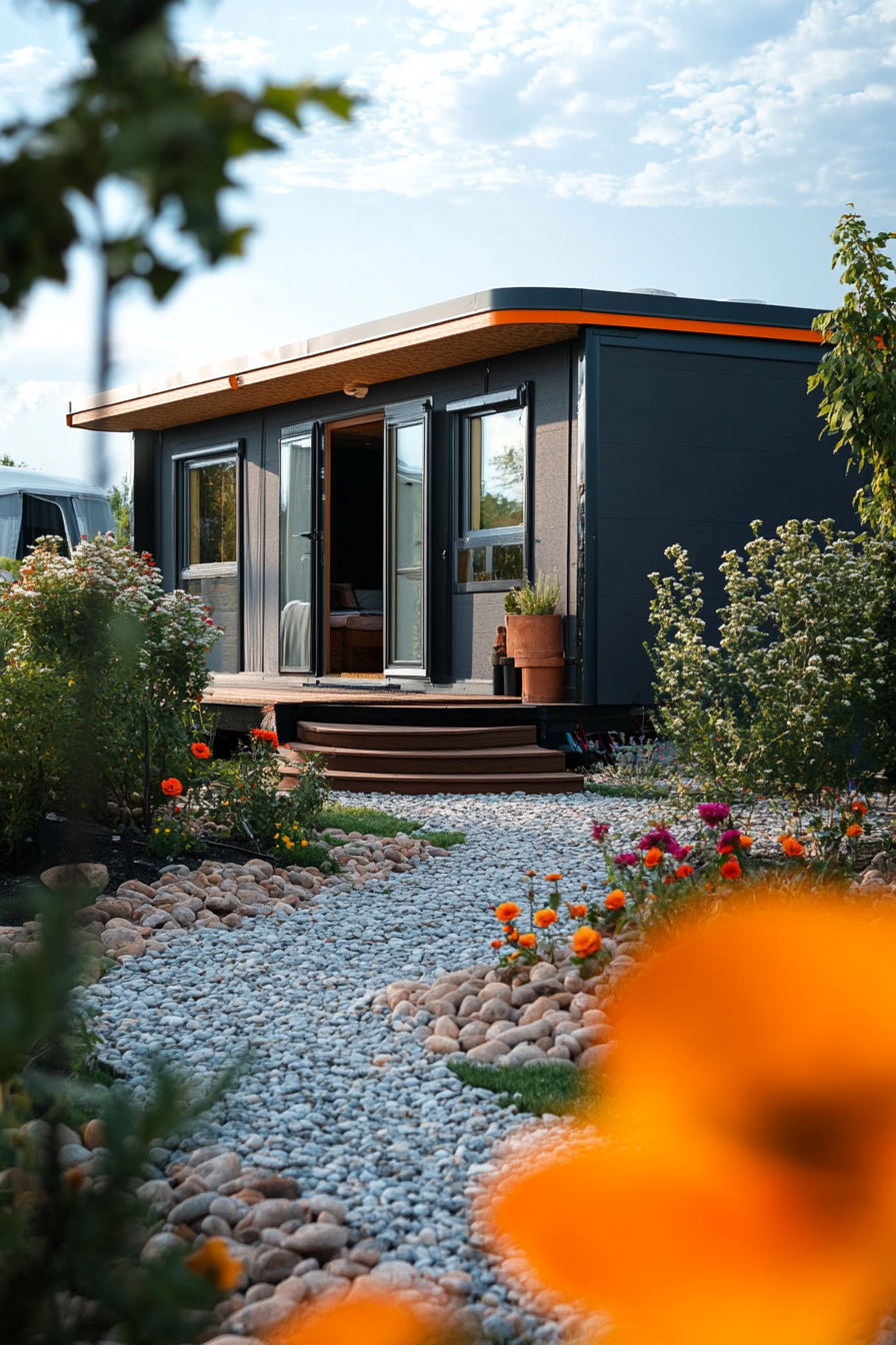 Wide-angle view. Dark mobile home, arch-detailing, sophisticated design, terra cotta accents.