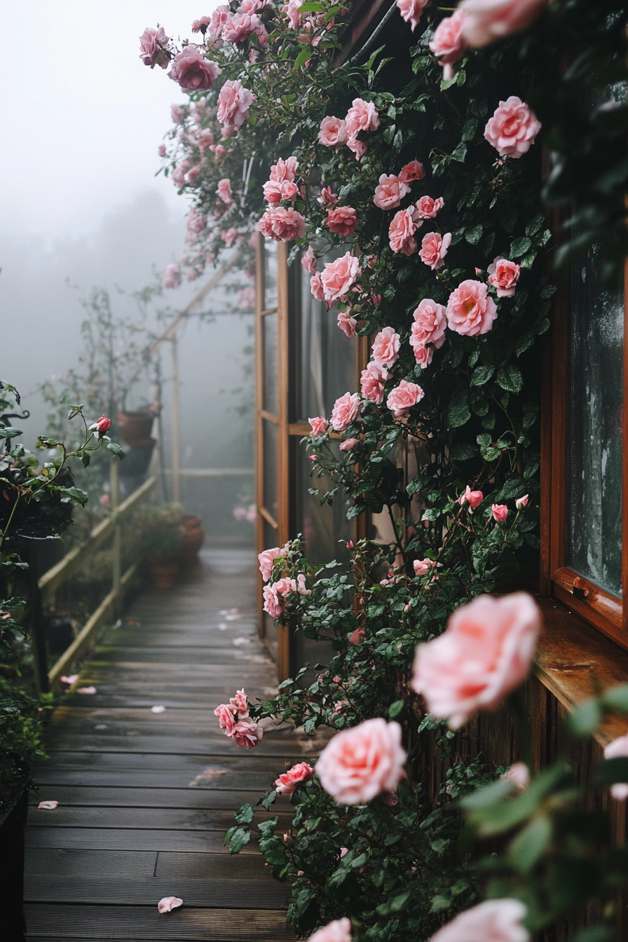 Wide angle view. Foggy English countryside, tiny house deck wrapped with blooming climbing roses.