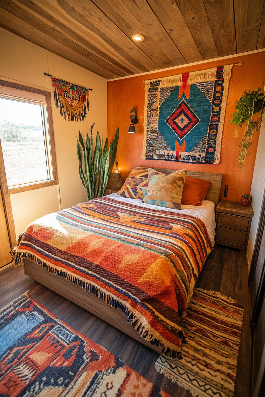 Wide angle view. Southwestern tiny house bedroom. Warm earth toned woven wall art.