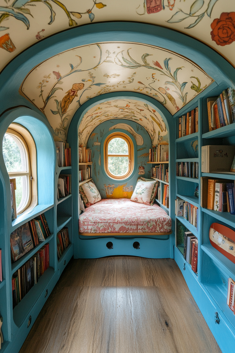 Wide angle view. Storybook-inspired mobile library with celeste painted interior and curious rabbit-like nooks.