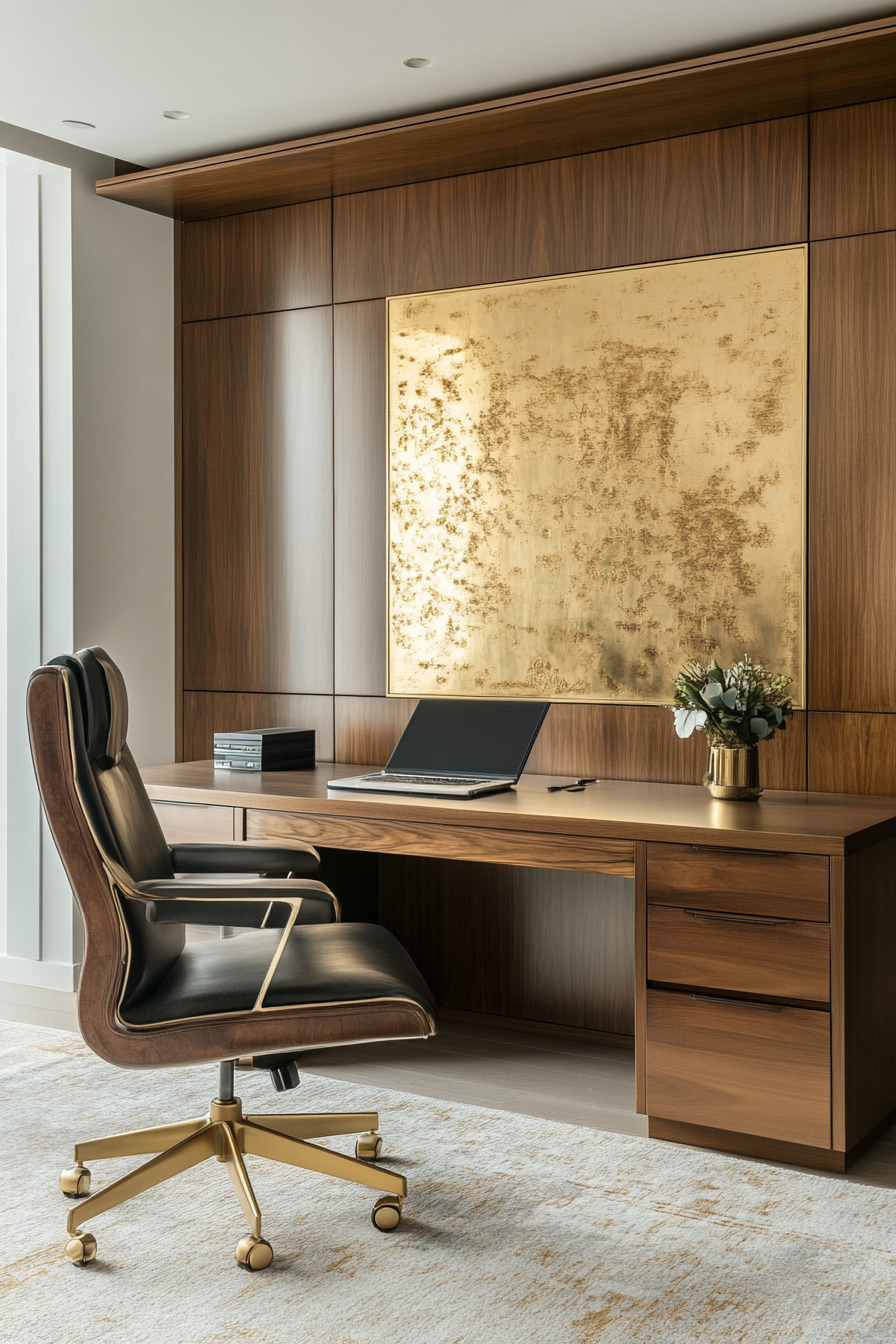 Professional mobile workspace. Walnut executive desk, ergonomic chair, gold mid-century wall unit.