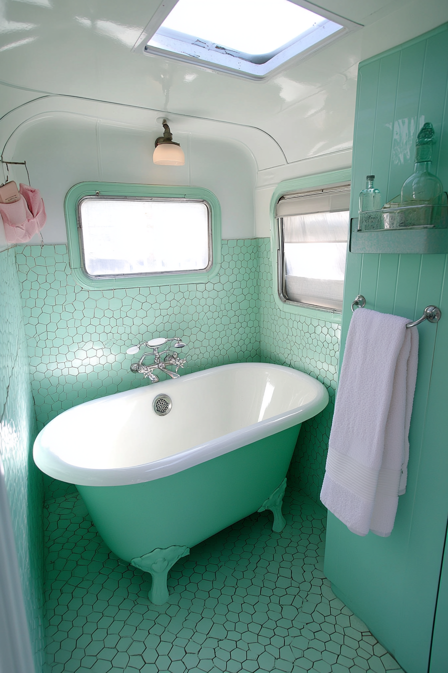 1950s RV bathroom. Pastel-green and white vintage hexagon tiles, free-standing clawfoot tub.