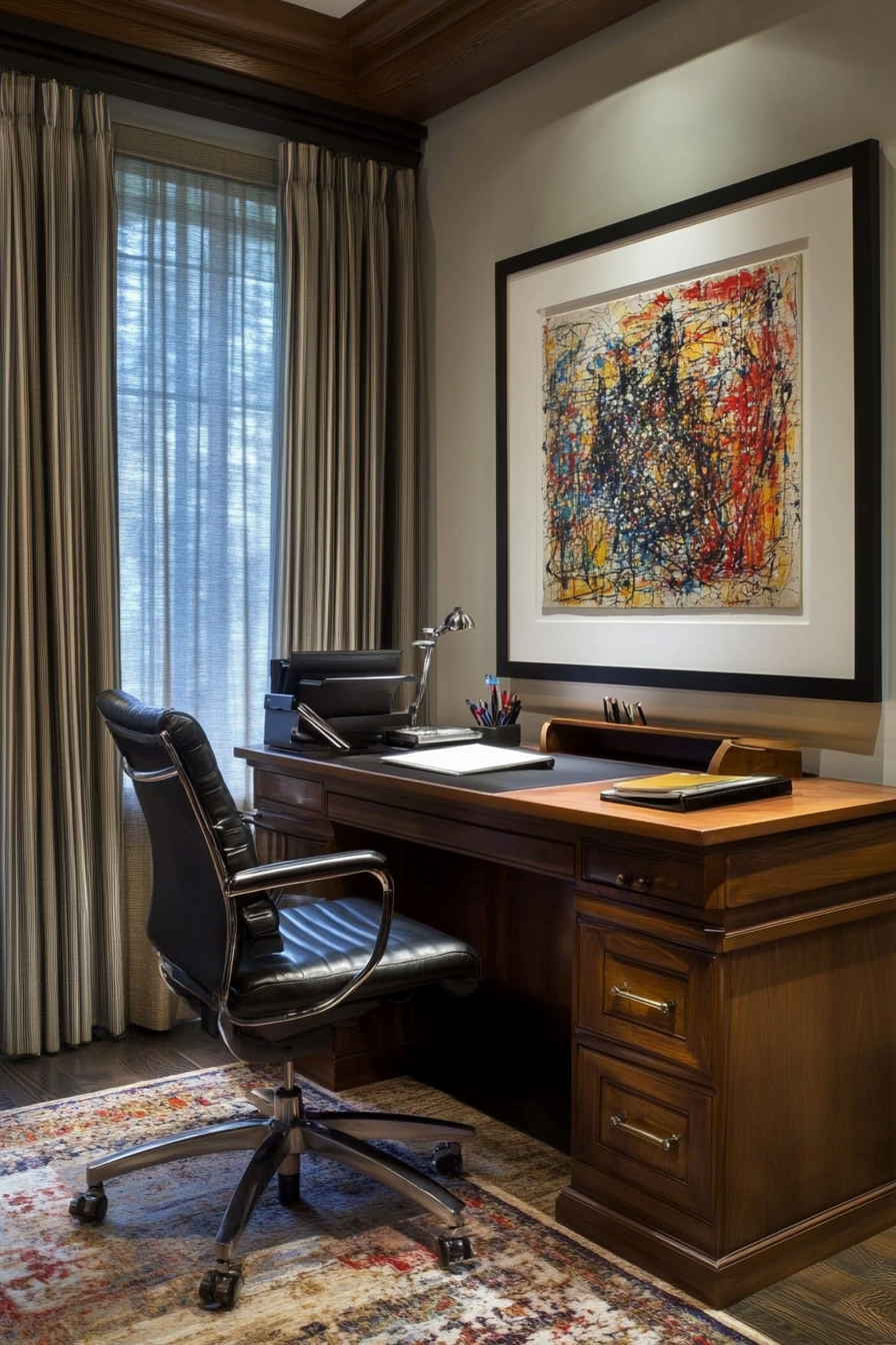 Professional mobile workspace. Roll top desk and chair, framed Jackson Pollock print.