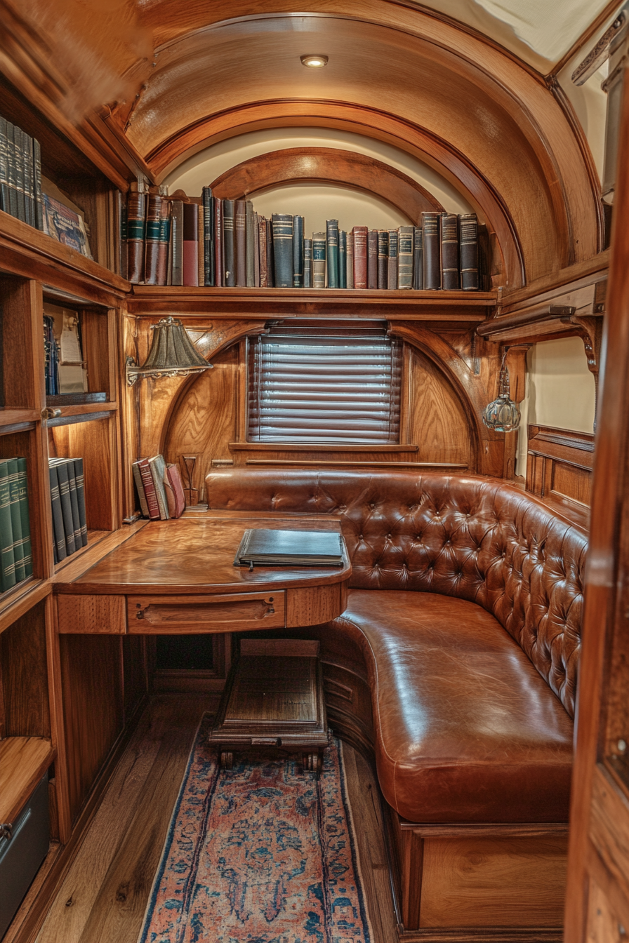 Wide angle view of upscale mobile workspace. Leather adorned desk, walnut book shelves.