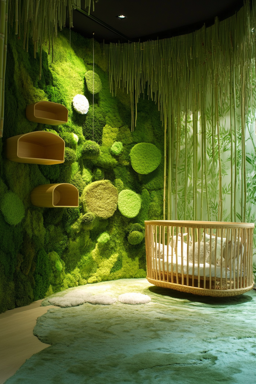 Nature-inspired baby room. Wide-angle view of a moss-green room with bamboo shelves.