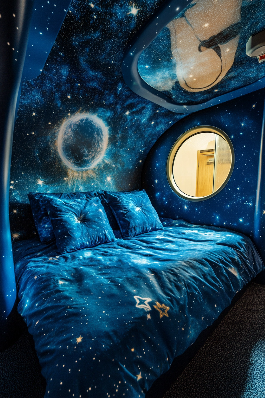 Wide angle view. Space-themed sleeping quarters. Nebula-blue bedsheets with star-shaped projections.