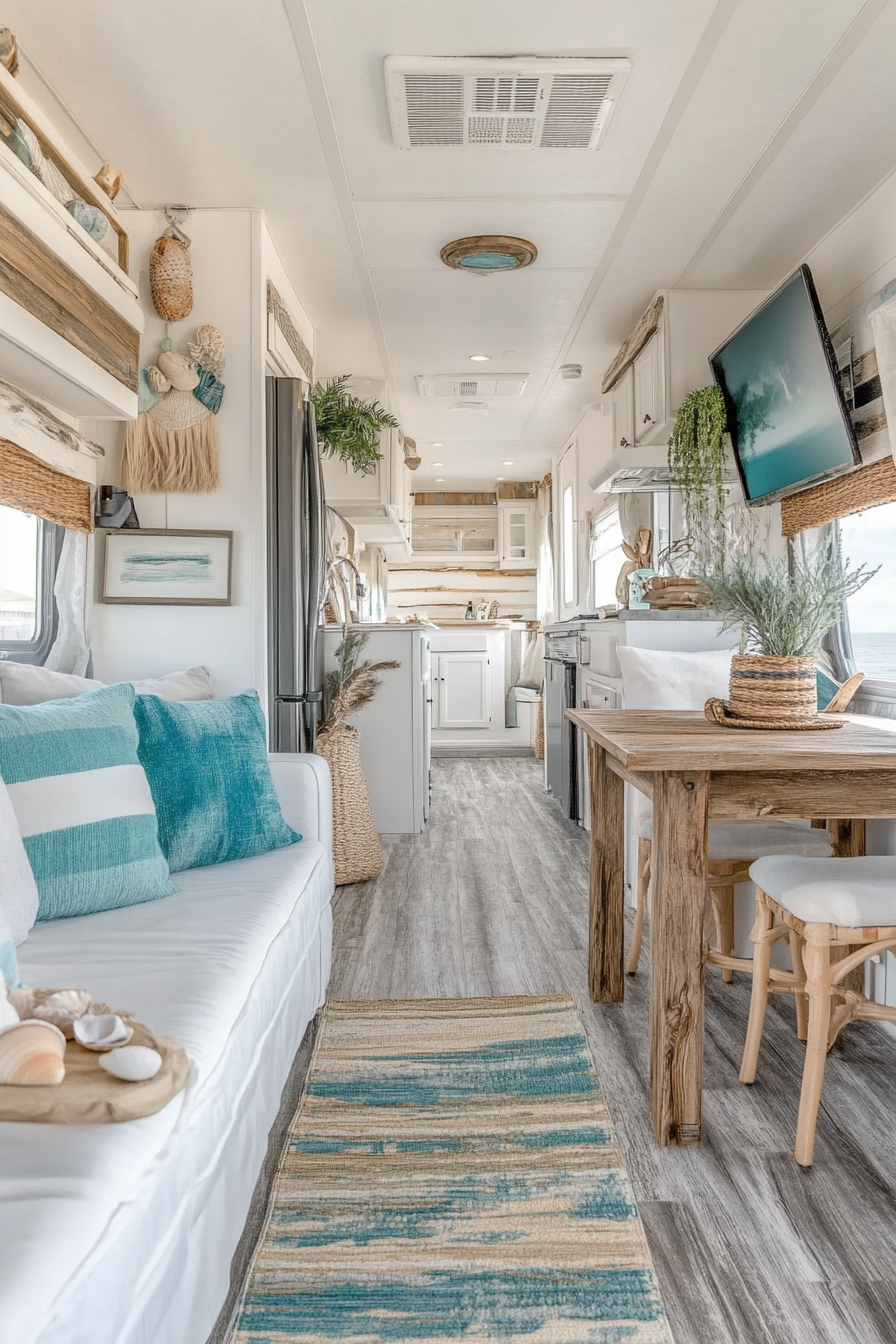 Wide angle view of coastal-inspired RV. Natural fibers, shells, teal and beach inspired accents.