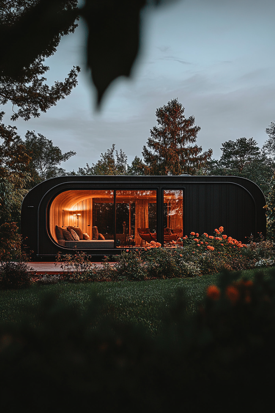 Wide angle view. Dark mobile home, arched details, terra cotta accents.