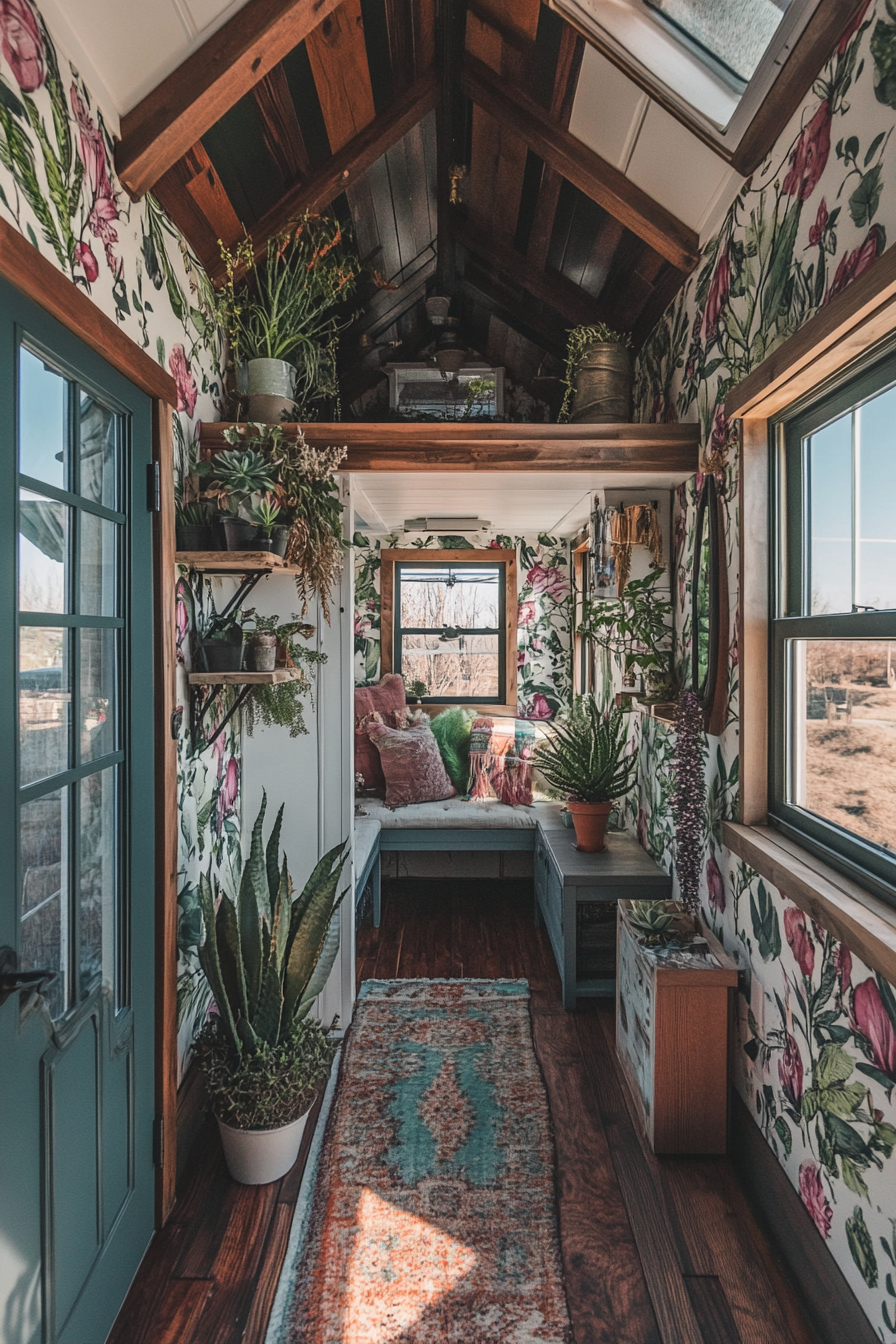 Wide angle view. Tiny house with botanical wallpaper, greenhouse windows and succulent plants.