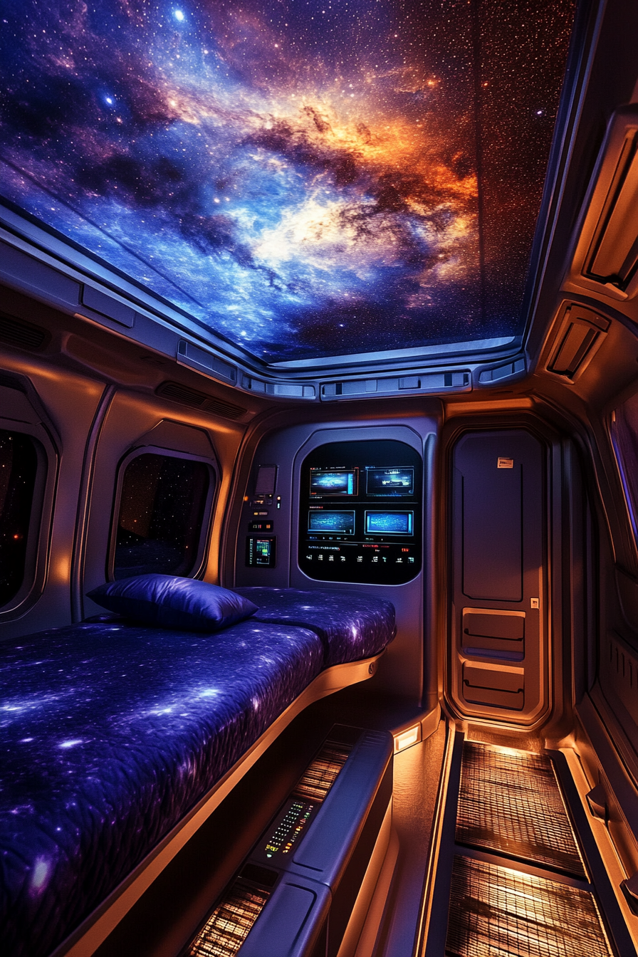 Wide angle view. Space-themed sleeping quarters with touchscreen control panel and nebula ceiling projection.