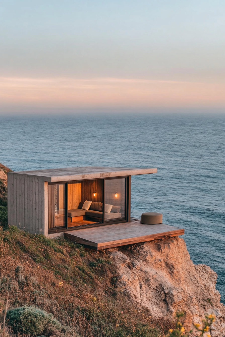 Wide-angle view. Sleek tiny home on clifftop, built-in seating, panoramic ocean view.