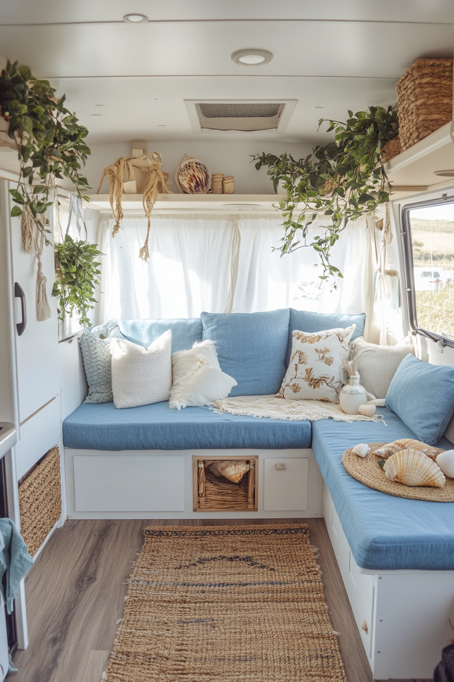 Coastal-inspired RV. Ocean blue upholstery, shell decorations, natural fiber rugs.