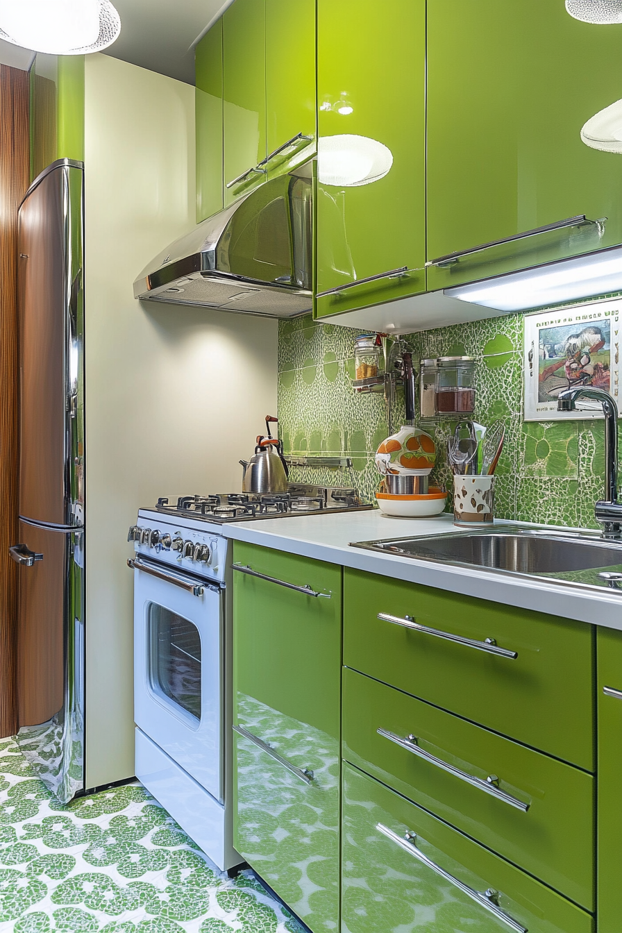 Wide angled view. retro tiny kitchen. avocado-green, sleek cabinets and chrome vintage appliances.