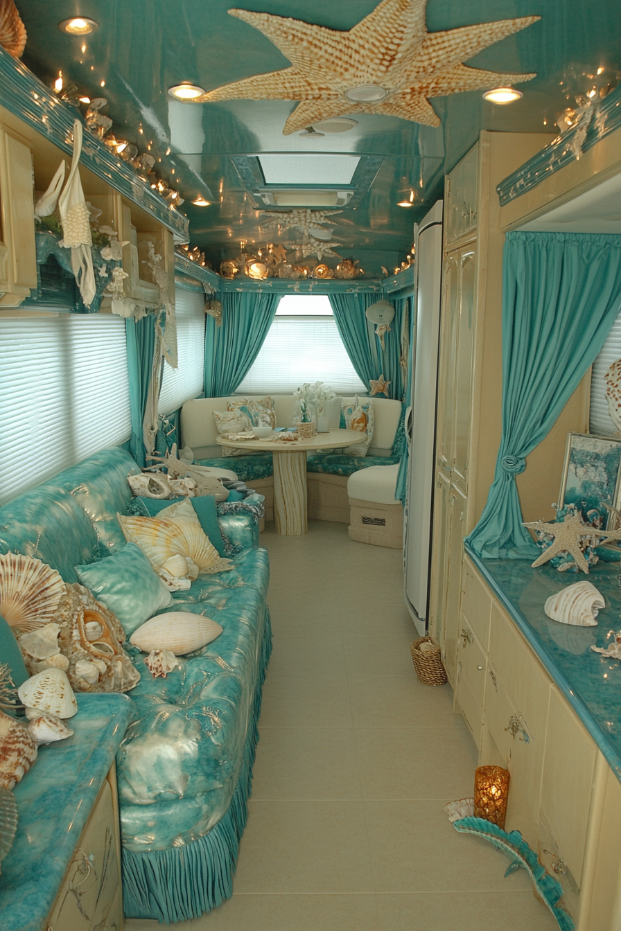 Wide angle view. Coastal-inspired RV Readjusted, aqua drapery, scattered seashell collection.