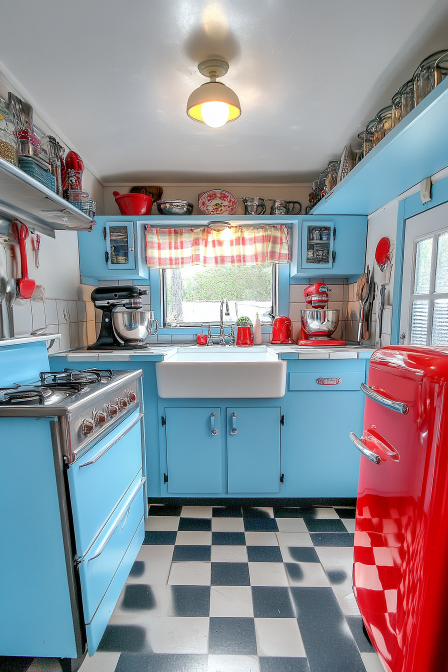 Wide angle view. Retro tiny house kitchen. Baby blue sleek cabinets, checkered floor, vintage refrigerator.