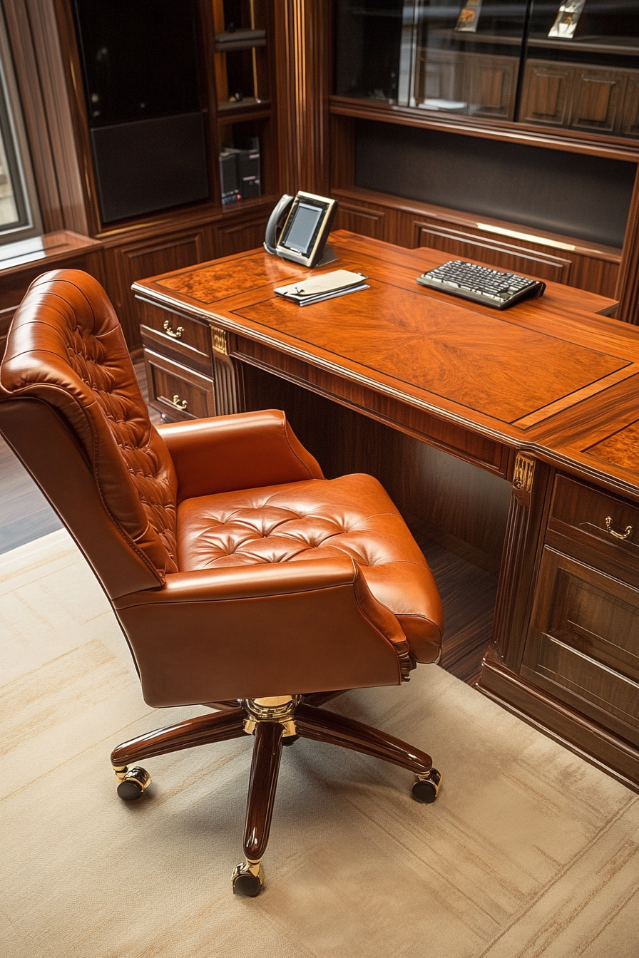 Upscale mobile workspace. Leather chair and walnut desk, wide angle view.