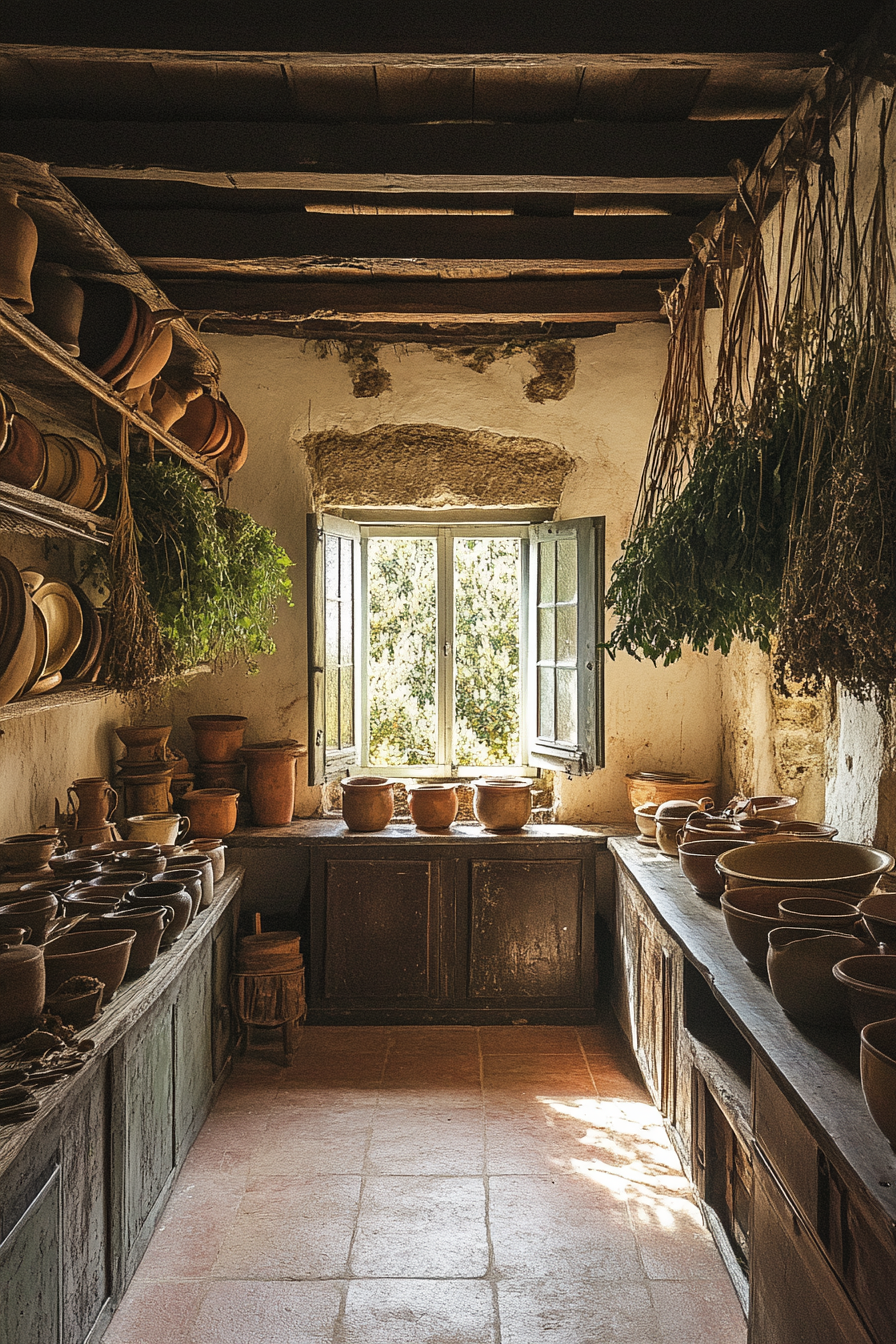 Wide angle view. Provincial kitchen, drying herbs, pottery collection.