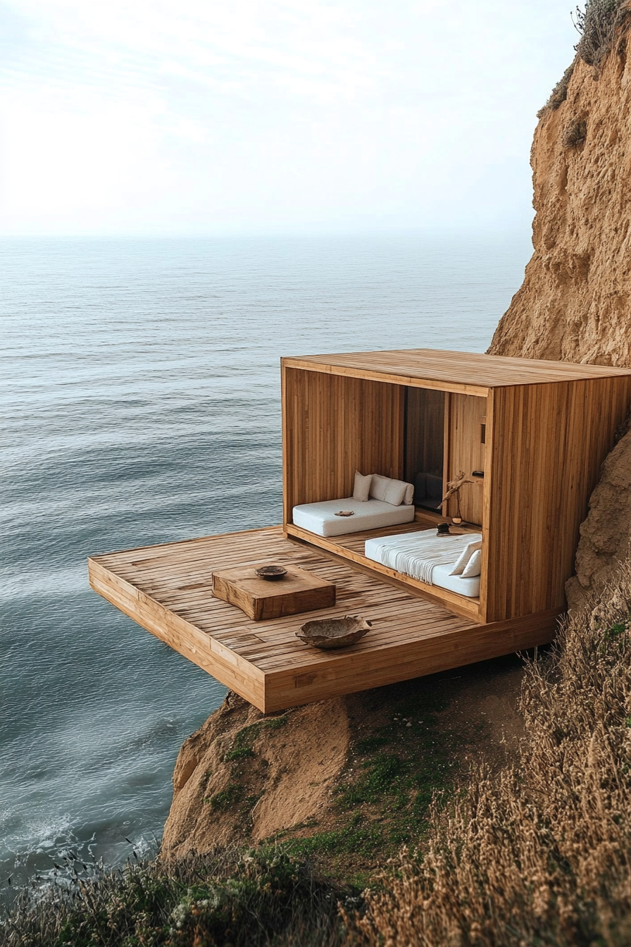 Wide angle view of tiny home. Sleek platform with in-built seating, on a sea-facing clifftop.