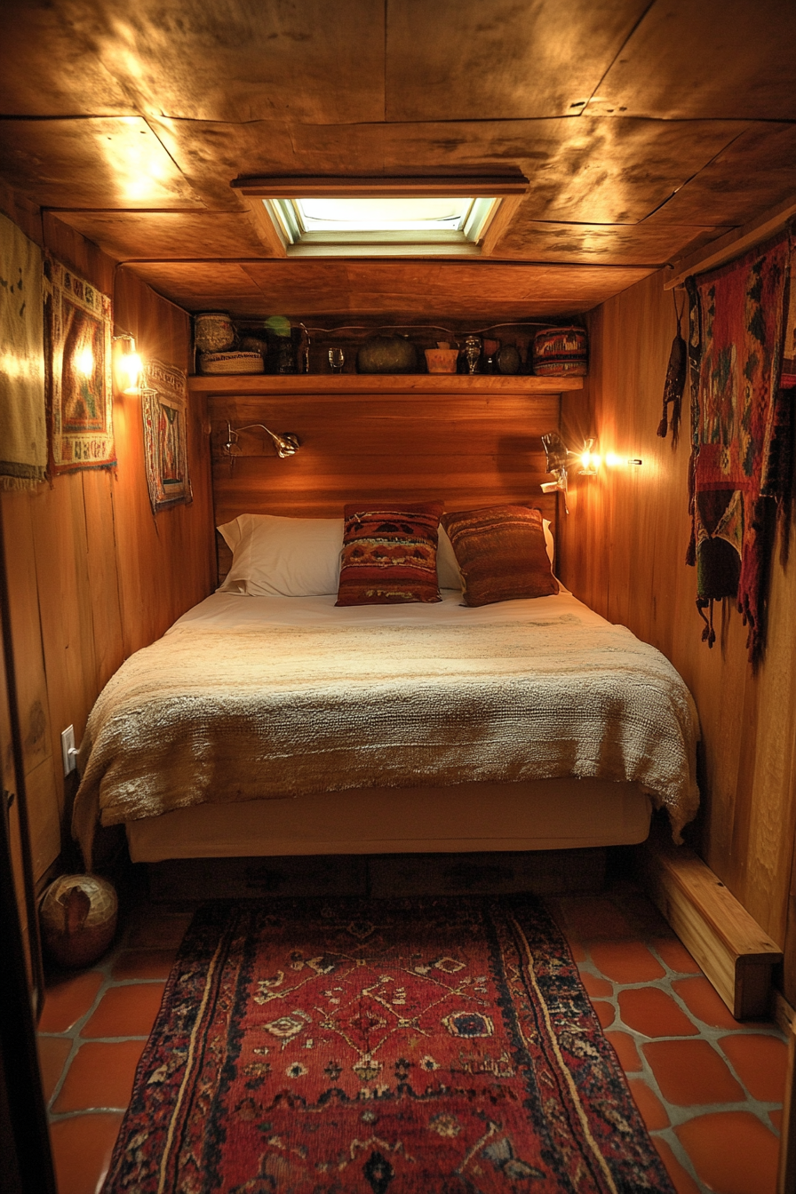 Southwestern tiny house bedroom. Navajo rug, king-size bed, saltillo tiles, warm lighting.