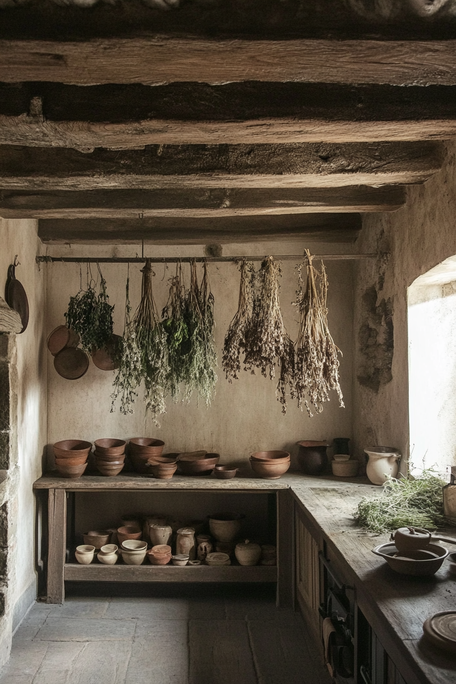 Provincial cooking space. Exposed wooden beams, hanging dried herbs, and earth-tone pottery collection.