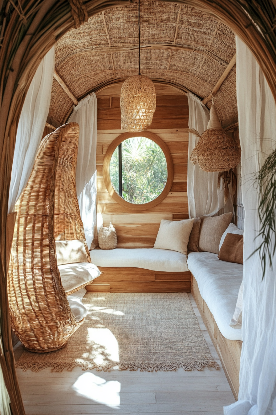 Natural mobile home. Light wood elements, organic textiles, captured through wide-angle view.