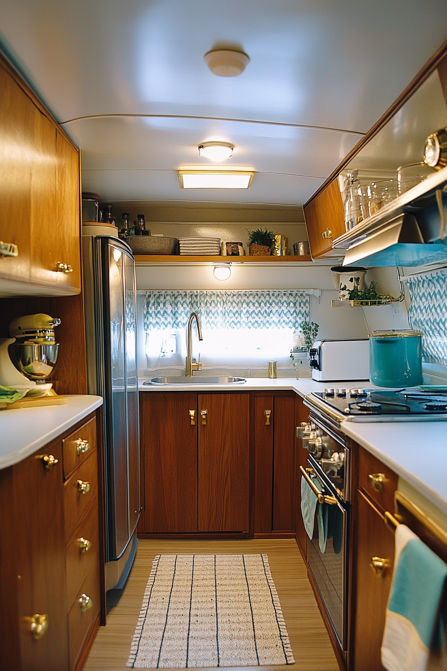 Wide angle classic camper kitchen. Teak cabinets with retro, gold handles.