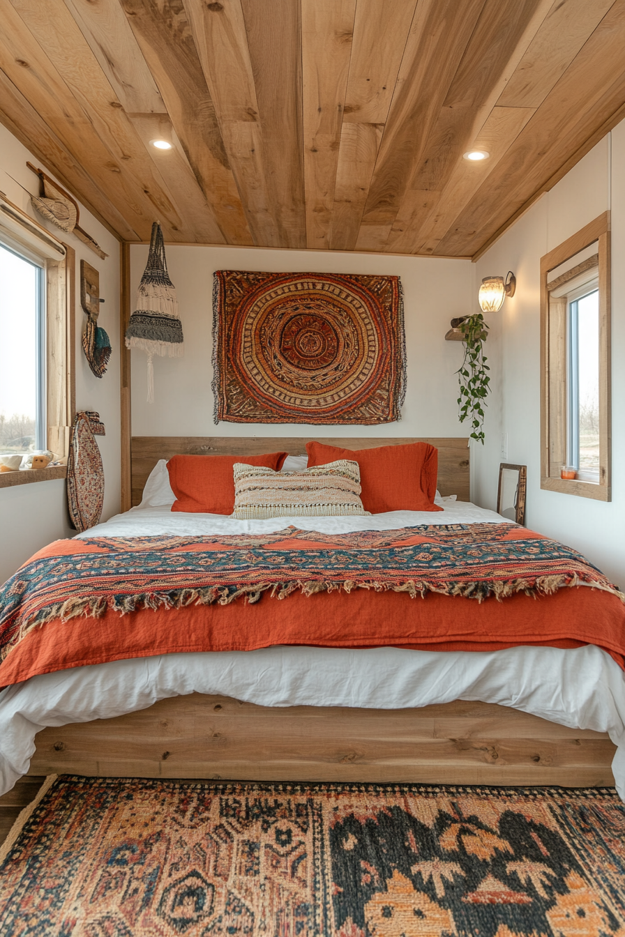 Wide angle image: southwestern tiny house bedroom, earth-tone bedding, woven wall art.