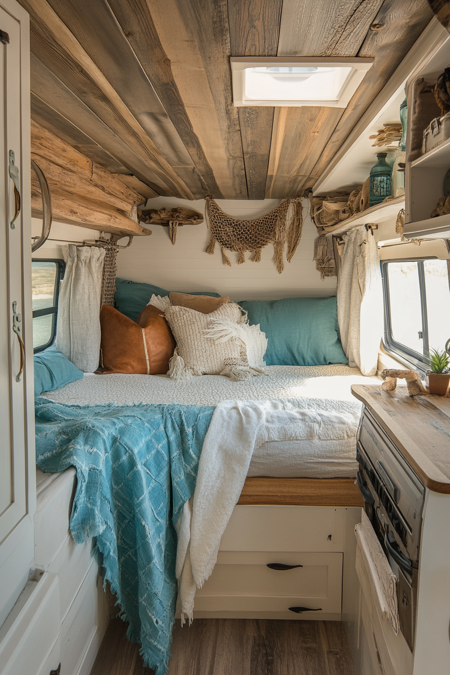 Wide angle view of coastal RV. Driftwood furniture, sand-colored substrates, faded turquoise bedding.