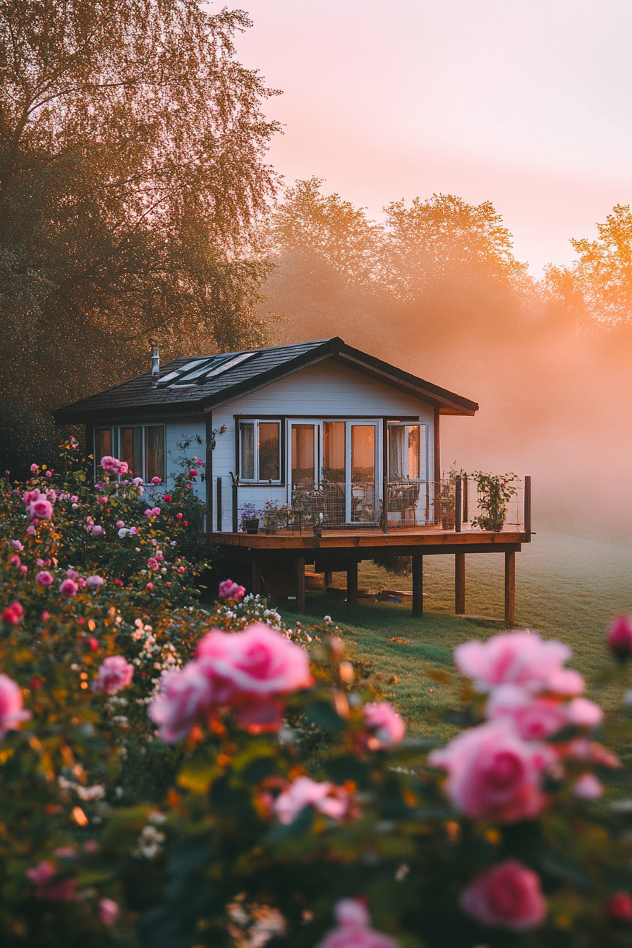 Wide-angle view. Rose-covered tiny house deck amid foggy English countryside sunrise.