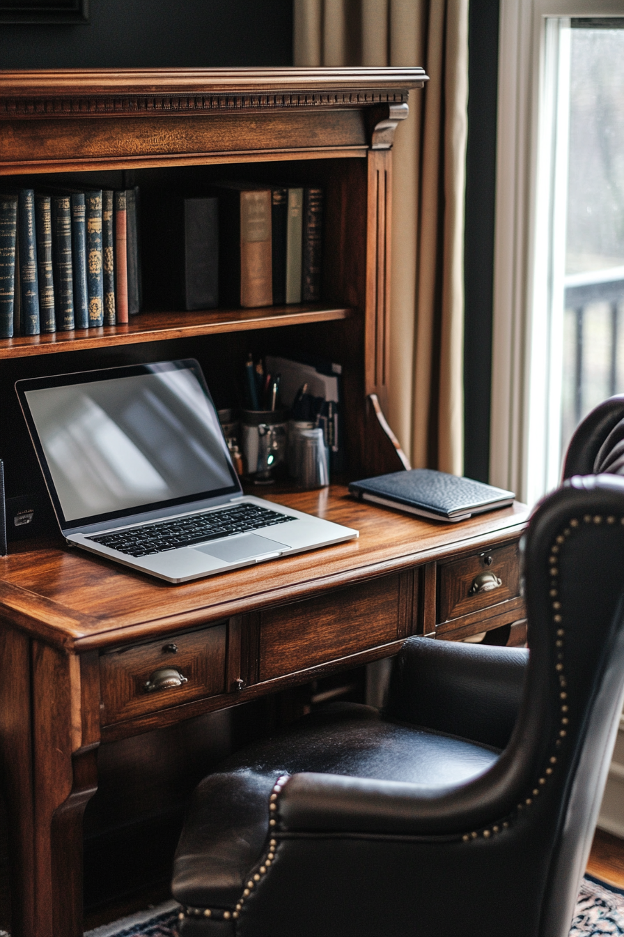 Upscale mobile workspace. Leather chair beside walnut desk with laptop and assorted stationery.