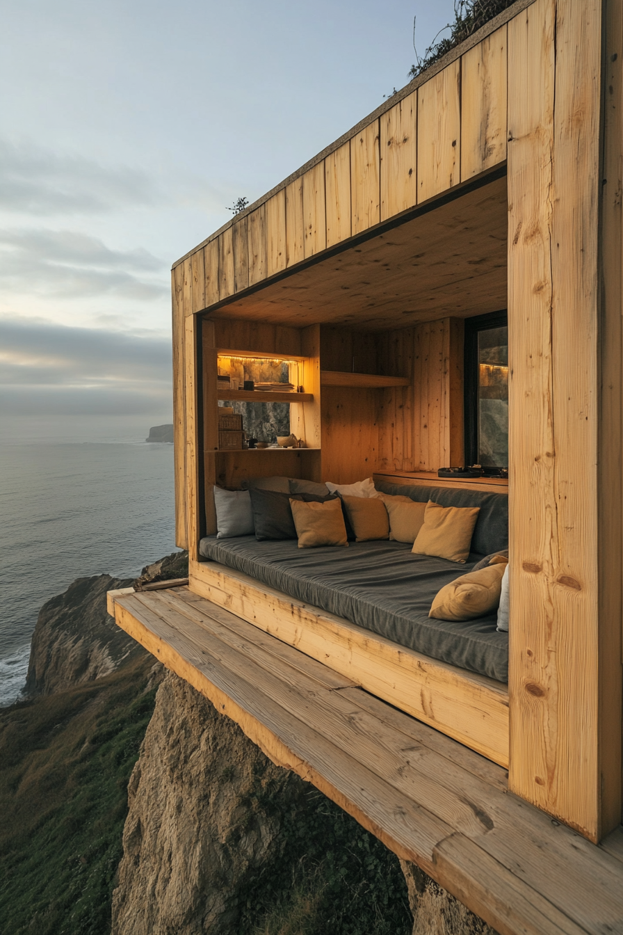 Wide angle view. Tiny home platform, built-in seating, clifftop panorama of the ocean.