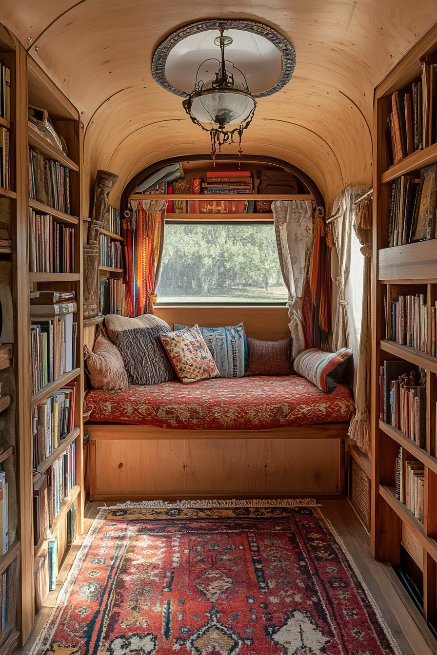 Wide angle view. Storybook-inspired mobile library with hidden cozy nooks and vintage accents.