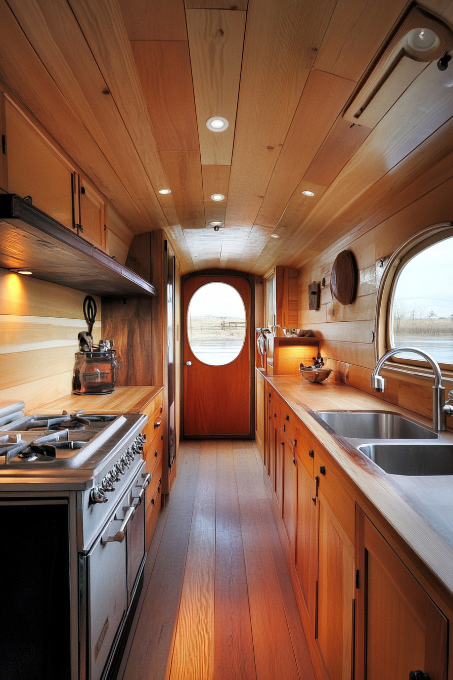 Wide angle view. Retro tiny house kitchen, sleek redwood cabinets, vintage stove.