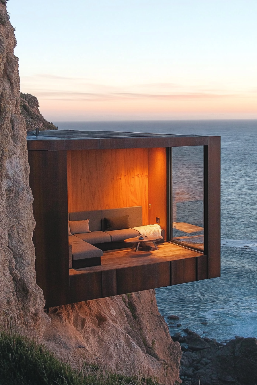 Sleek tiny home. Clifftop location, built-in seating, ocean view.