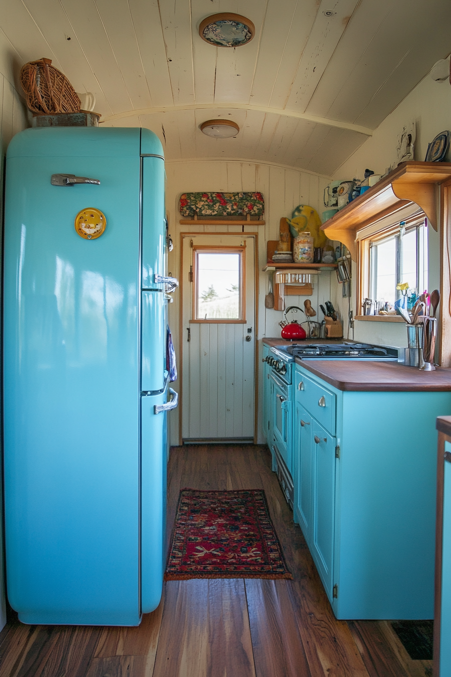 Wide angle view. Retro tiny house kitchen. Pale blue cabinets, 1950s style refrigerator.