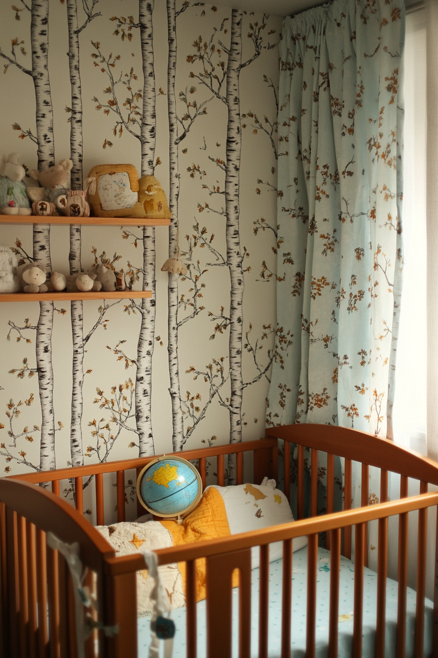 Nature-inspired baby room. Birch-tree wallpaper, low cherrywood shelves, miniature exploration globe.