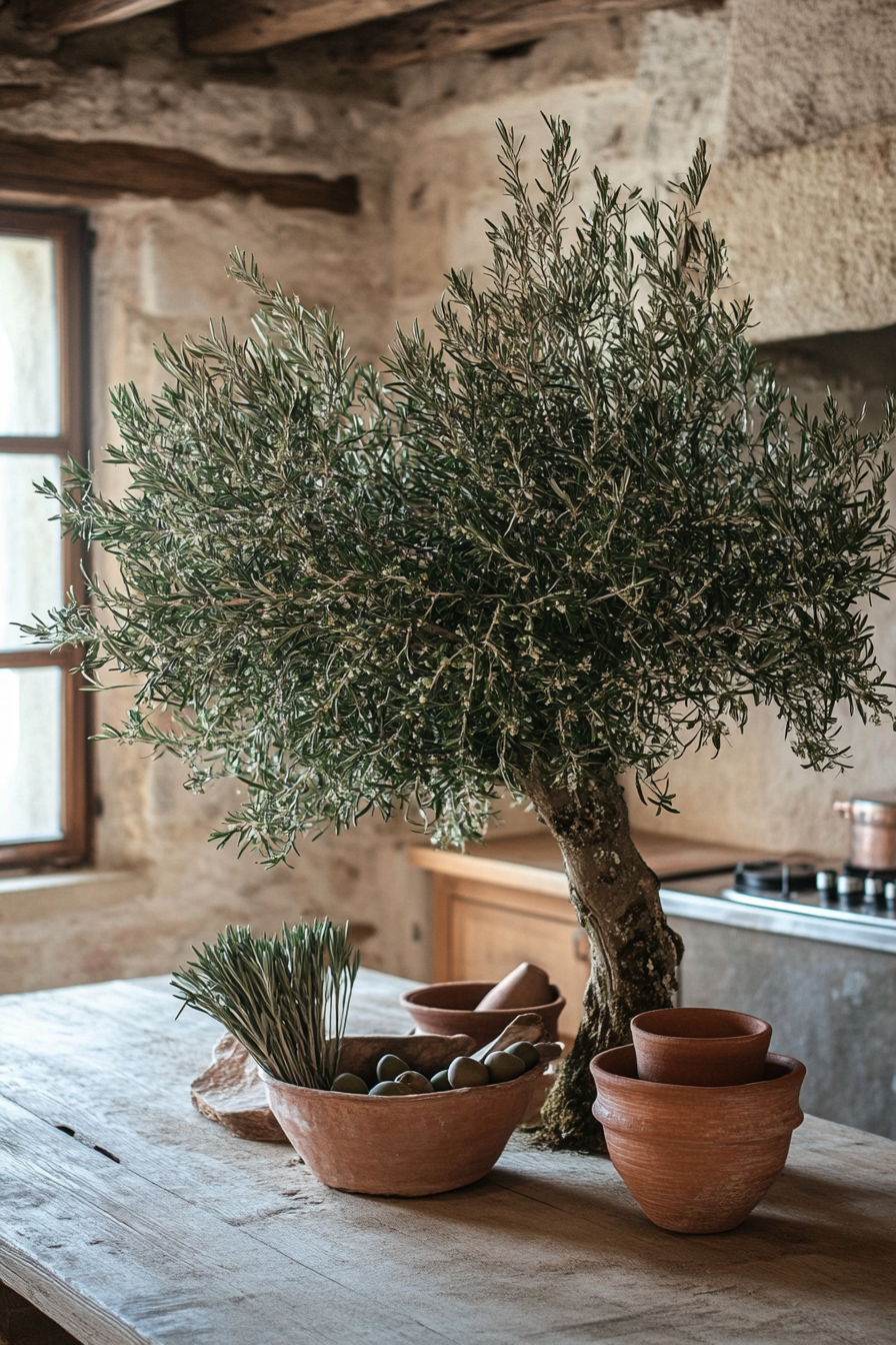 Provincial cooking space. Olive tree centerpiece with drying rosemary bundles and terracotta pottery.