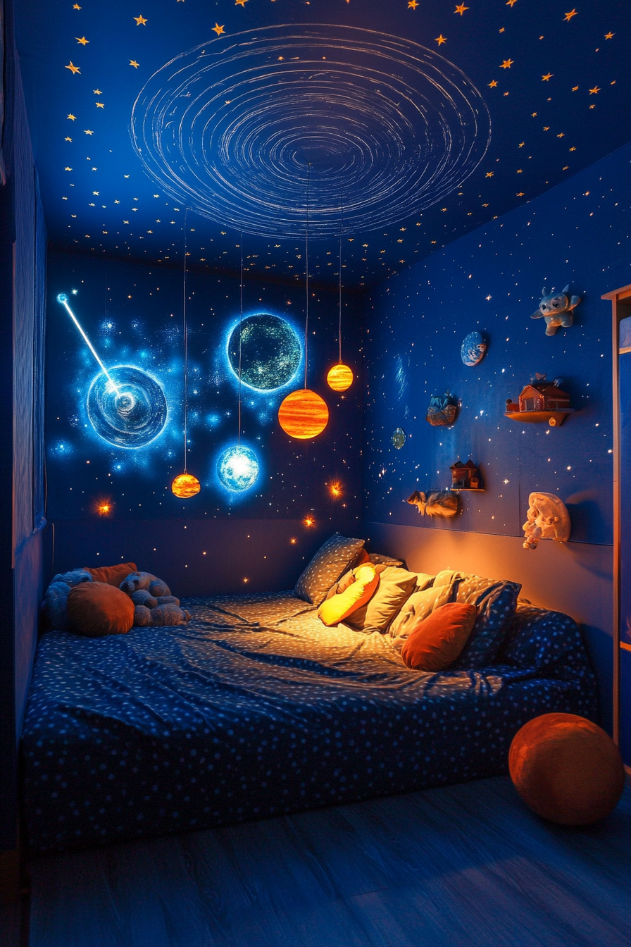 Space-themed sleeping quarters. Hanging solar system mobile, star projections on cobalt blue walls.