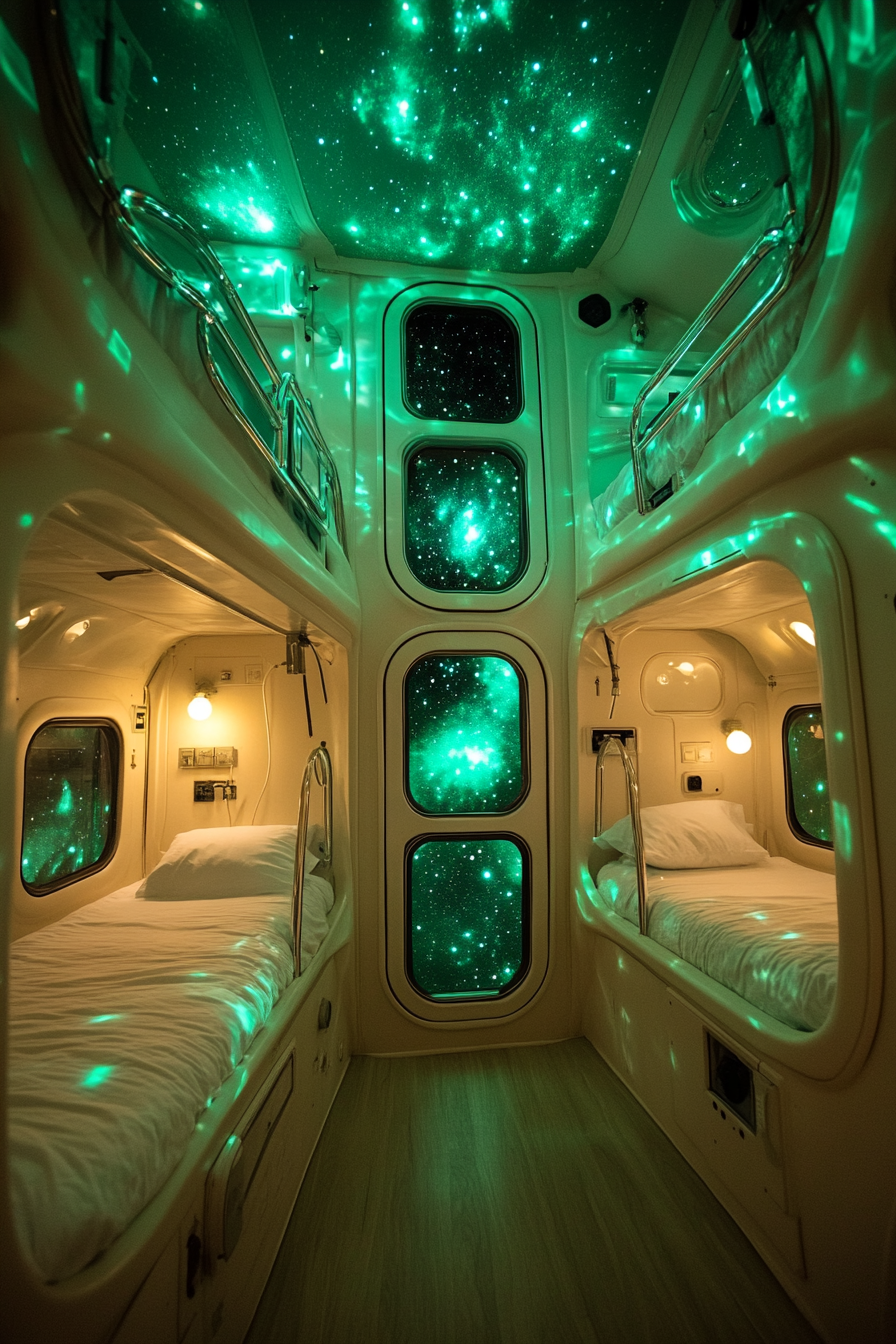 Wide angle view. Space-themed sleeping quarters with green nebula color star projections.