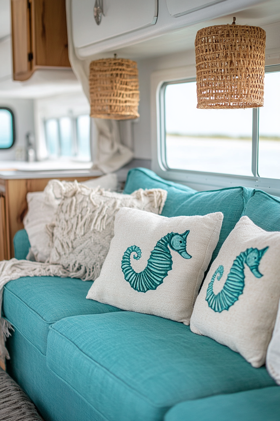 Coastal-inspired RV. Washed teal couch, natural Seahorse-themed pillows and wicker lamp shades.