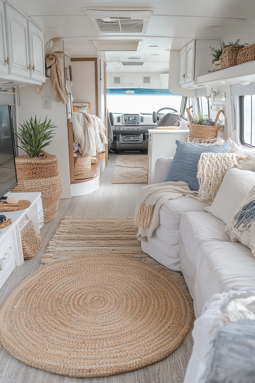 Wide angle view of coastal RV. Ocean-toned upholstery, natural fiber rugs, and lifestyle shells display.