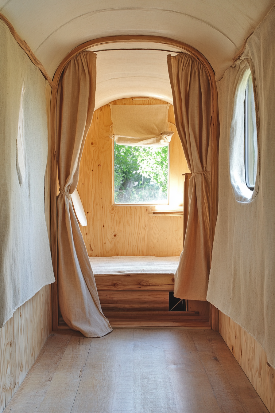 Wide-angle view. Natural mobile home with birchwood interior and hemp fabrics.