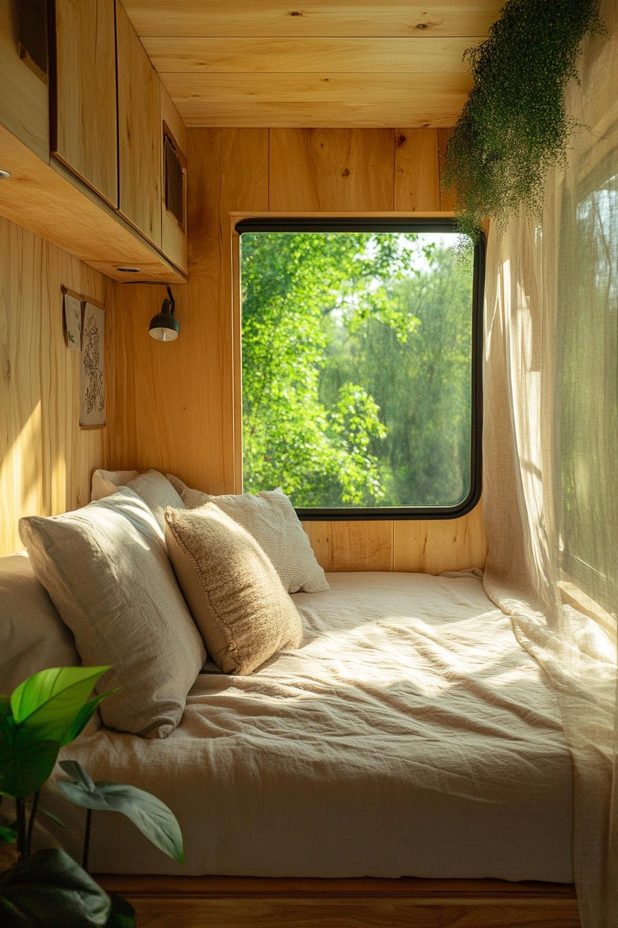 Natural mobile home view. Light wood, photorealistic lush green backdrop, and organic textile accents.